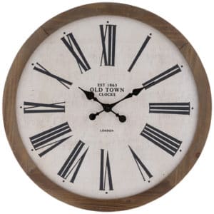  Old Town Wood Wall Clock features a round MDF construction with a scratched white background. Painted black roman numerals mark each of the twelve hours, and two thin black metal hands are attached to the center.