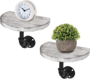 Whitewashed Wood Semi Circle Floating Shelves with Metal Pipe Brackets, Set of 2